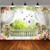 1pc Romantic Garden Balcony Background Wall with Roses, Butterflies, Green Leaves, and White Curtains