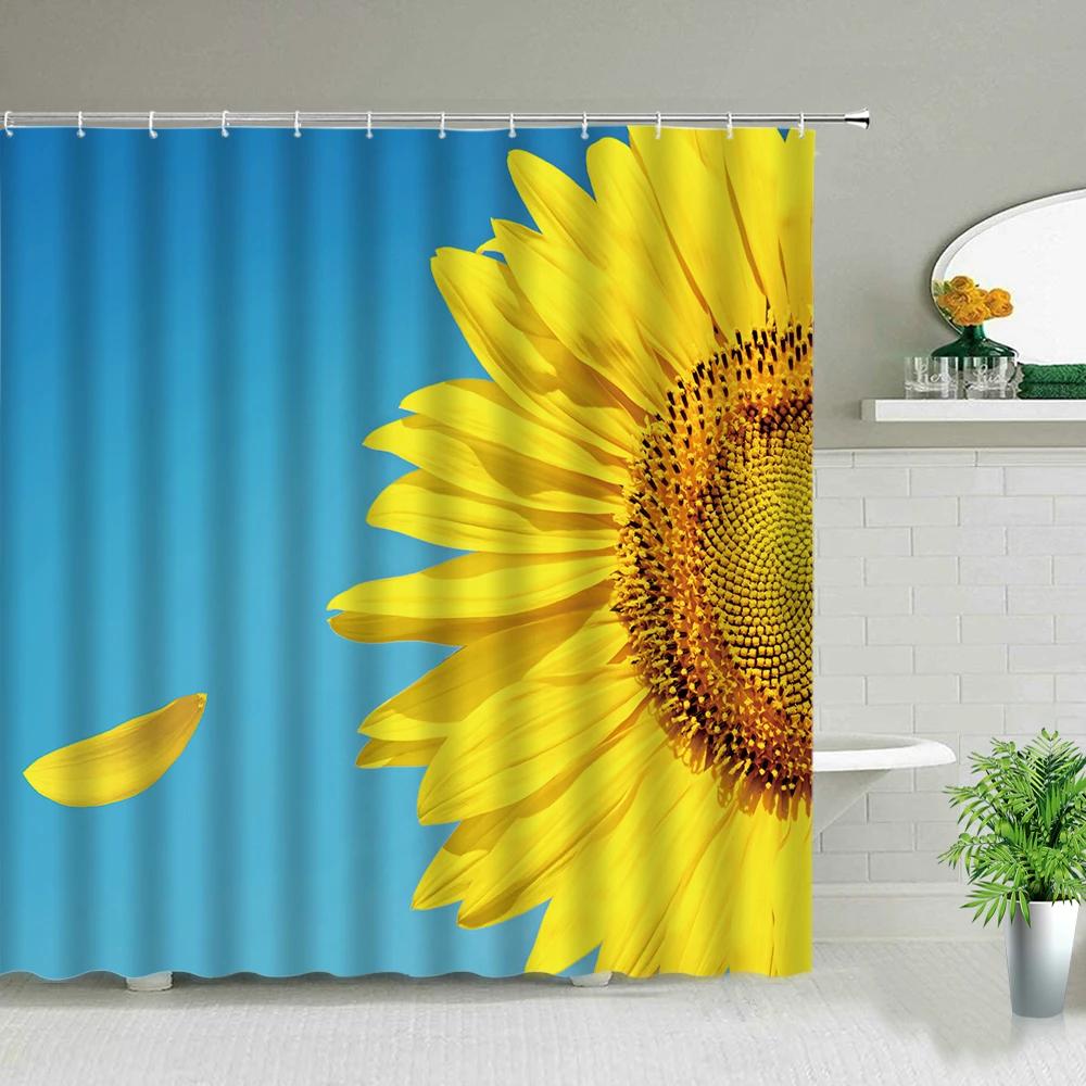 Flowers Shower Curtains Tulip Sunflower Rose Floral Plant Bathroom Scenery Bathroom Decor Polyester Fabric Bathtub Curtain Set
