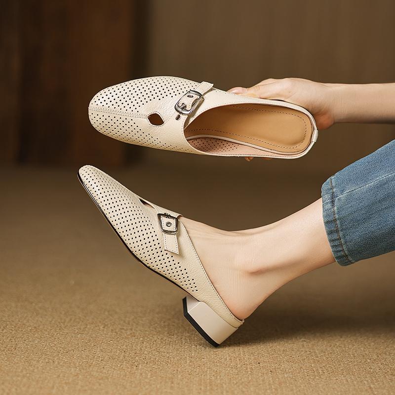 Fashion Women's New Genuine Leather Sheepskin Hollow Hole Metal Belt Buckle, Mid Heel Large Toe, Breathable M Ü Ller Slippers