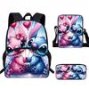 Stitch Kids School Backpack Set Elementary Students Oxford Fabric Ergonomic Design Printed Cartoon 3-Piece Bundle