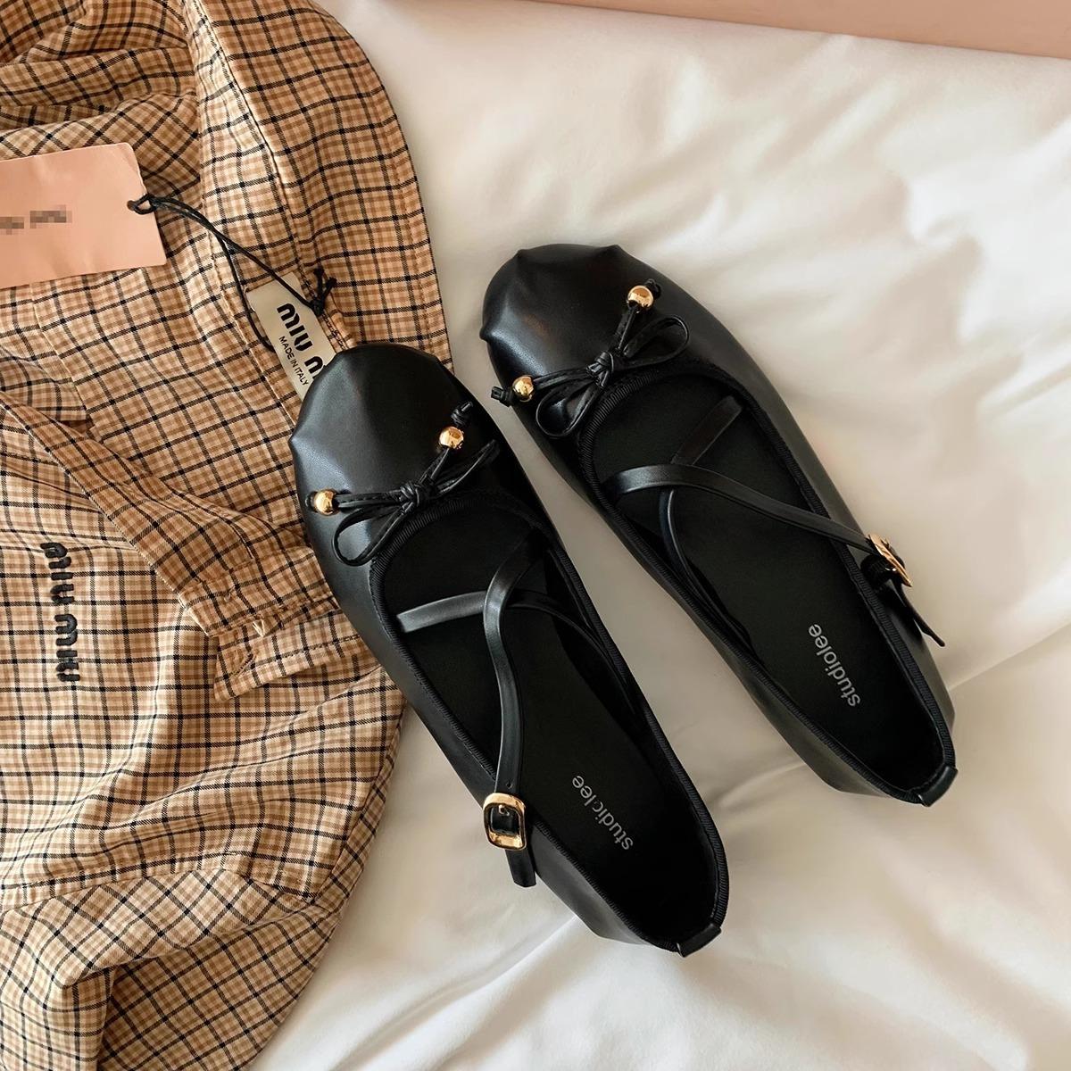 

Sheepskin version~ Summer new Korean version French gentle fairy style ballet cross strap Mary Jane shoes single shoes women 34 чёрный