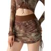 Mini-jupe froncée tie-dye marron pour femme Taille haute Cordon de serrage Côté Décontractée Quotidienne Mode Jupe Courte