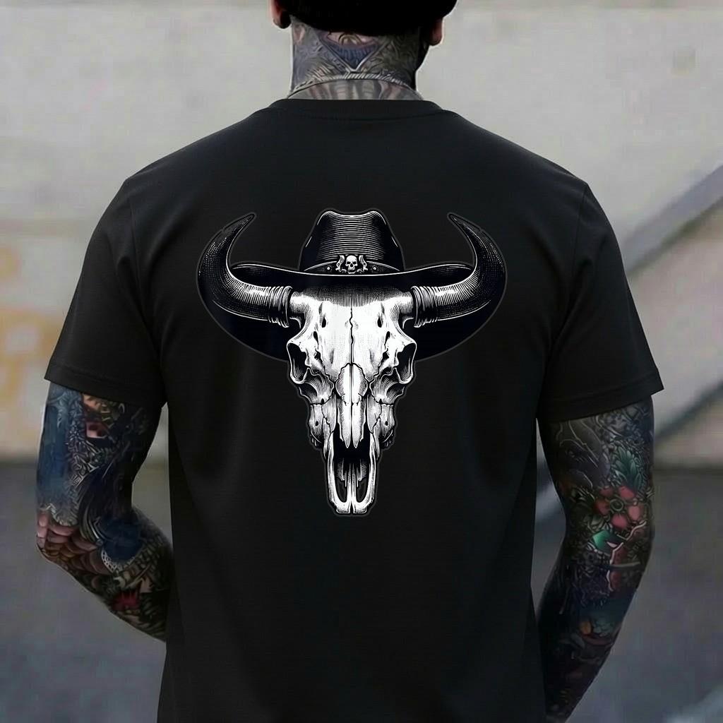 Desert Western Gothic Bull Skull with Horns and Cowboy Hat T-Shirt XL