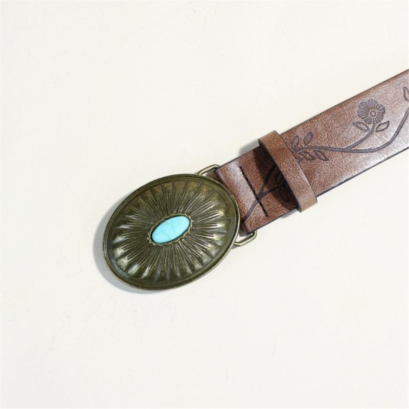 Bohemian Women Waist Belt with Embossed Pattern Adjustable PU Leather Oval Buckles Waistband For Casual Outfit And Travel