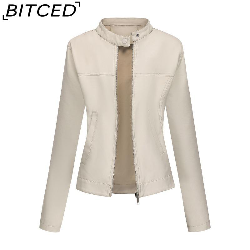 

BITCED Повседневная кожаная куртка на весну/осень для женщин, модная уличная одежда, куртка байкер с воротником-стойкой XXL белый