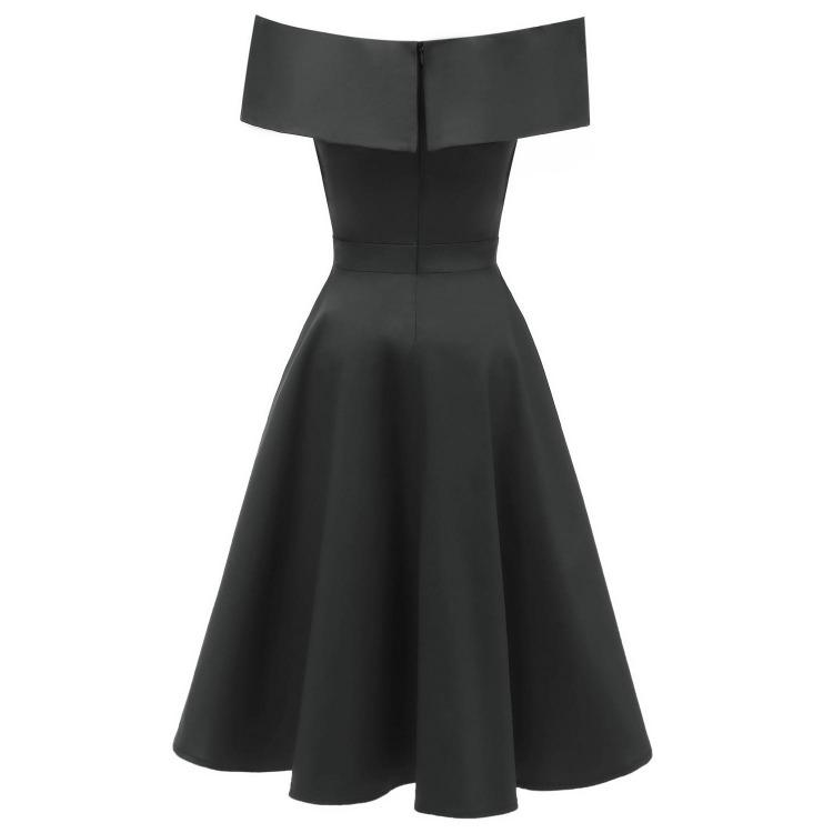 Vintage Off Shoulder Bardot Little Black Dress Women Sateen Skater Midi Prom Evening Party Cocktail Wedding Guest Classic Occasion Outfit