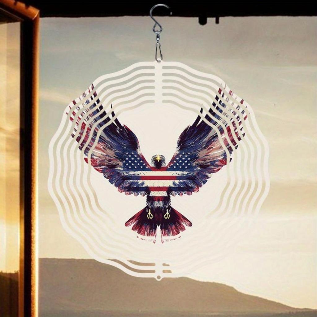 1pc Patriotic Eagle & American Flag Metal Mandala Wind Chime - 360° Rotating Hook, No Batteries Needed, Durable Outdoor Garden & Balcony Decor
