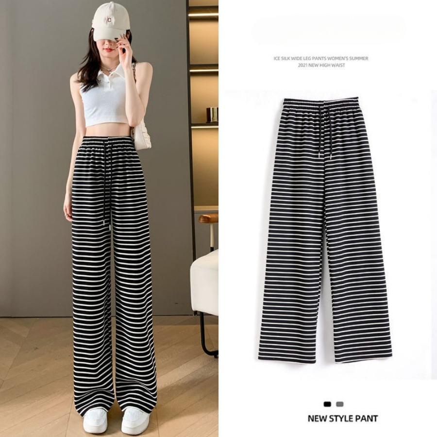 Pantalones de Pierna Ancha a Rayas Blancas y Negras para Mujer Primavera Verano Pierna Recta Sueltos Casuales Pantalones Versátiles con Estampado de Cebra