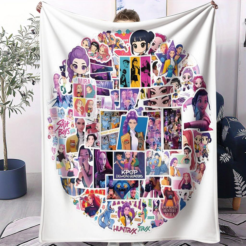 HUNTRIX KPOP Demon Hunters Anime Blanket Cover Flannel Throw Blankets Airplane Travel Portable Ultra-Soft Warm Sleeping Blanket