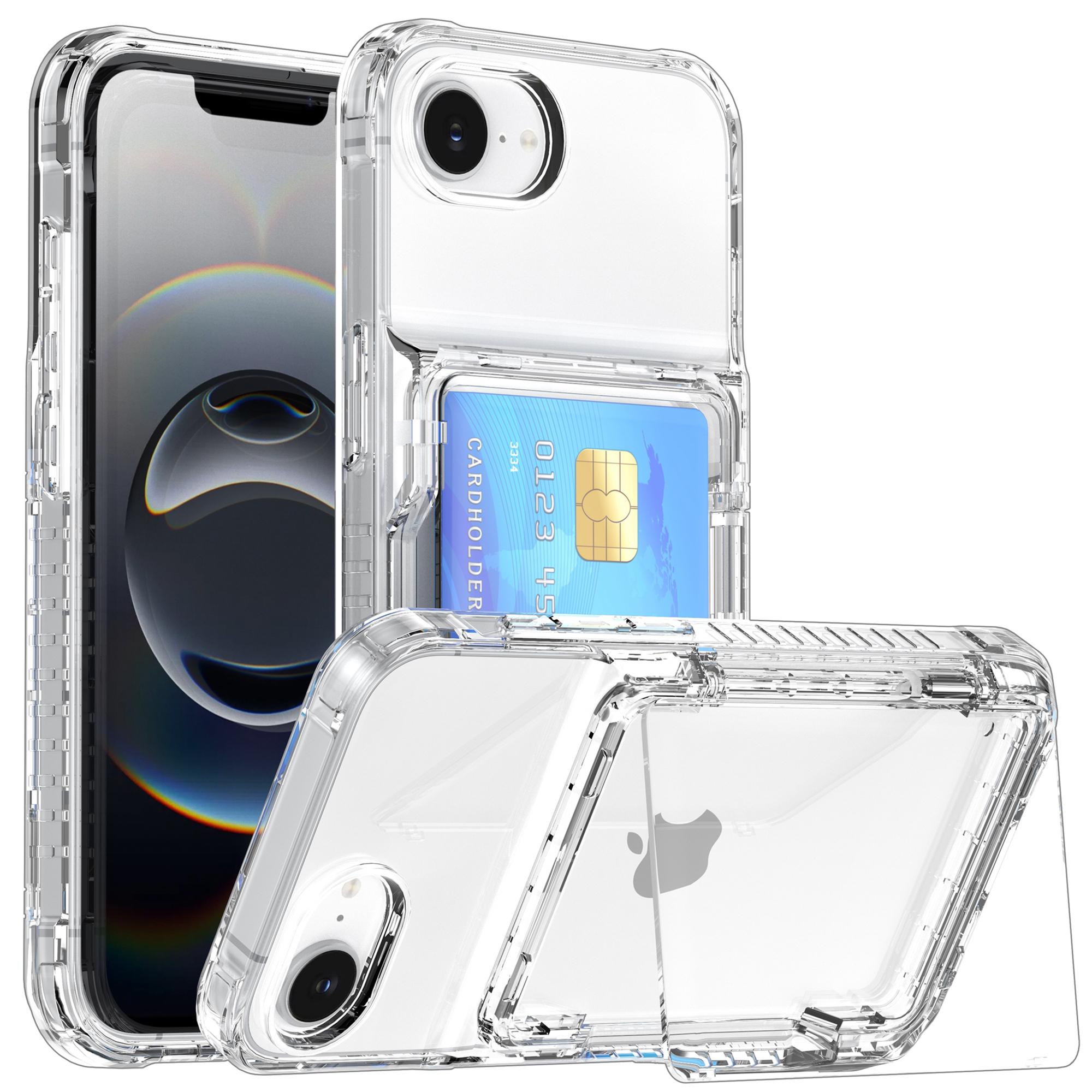 For iPhone 16e Clear Case PC + TPU Phone Cover Card Holder Kickstand A