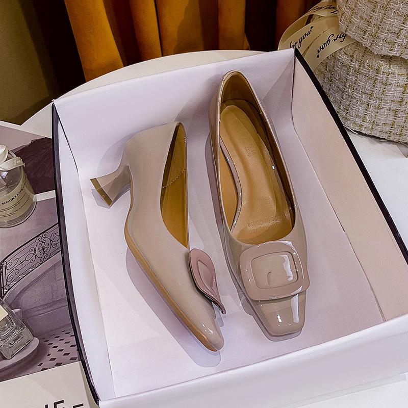 High Heels Women's Thin Heels 2025 New Red Wedding Shoes Patent Leather Gentle Shoes Square Buckle French Niche Square Head Single Shoes