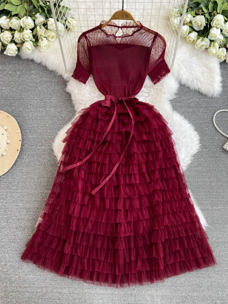 Summer Women Vintage Mesh Patchwork Cake Dresses Fashion Elastic Long Midi Party Dress