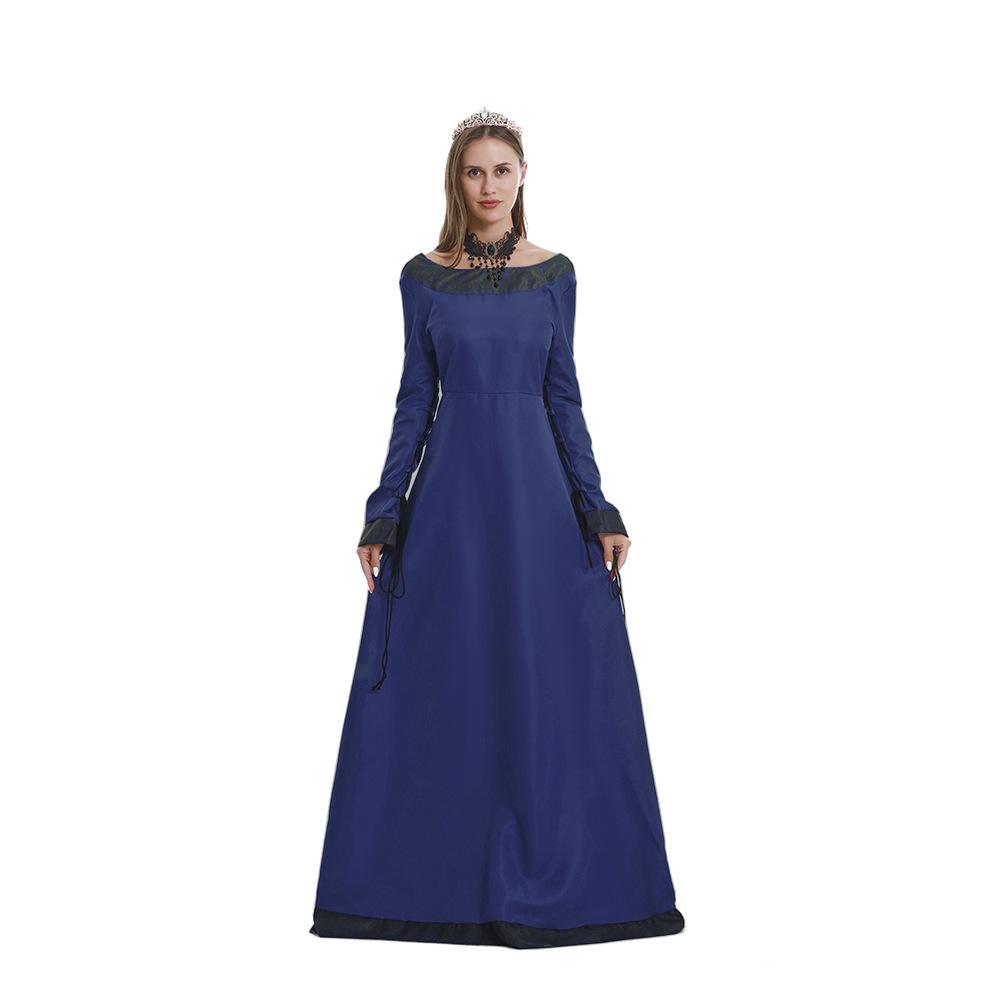 

2025 New European & American Style Medieval Long Sleeve Slim Fit Dress 2XL синий