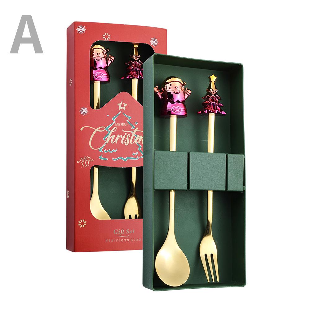 Cartoon Santa Claus Christmas Tree Coffee Dessert Spoon & Fork Gift Set
