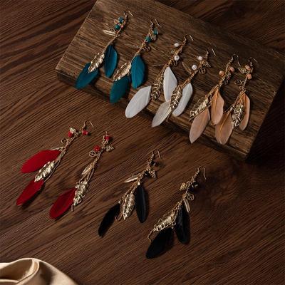 Bohemian Vintage Náušnice s listem a peřím - Etnický styl Dlouhé řetízkové háčky pro ženy