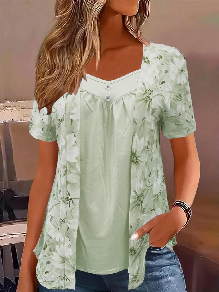 2025 Spring/Summer Women's Fake Two-Piece Short-Sleeve Button Print Top