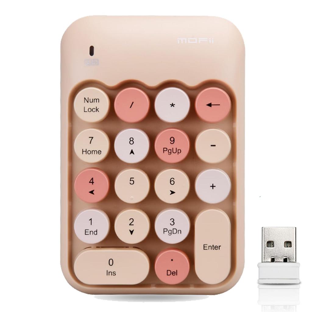 Cute 2.4G Wireless Numeric Keypad with Receiver, 18 Keys, Membrane, Stylish, Colorful, Quiet, Compatible with PCs and Laptops (Milk Tea)