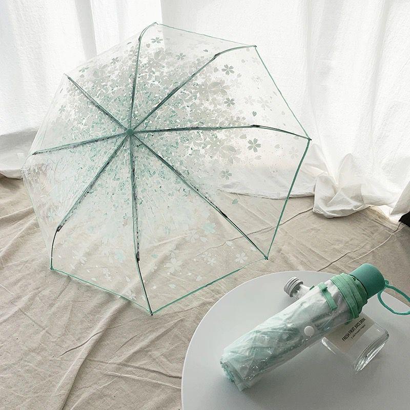 Korean Style Umbrella Folding Cute Goddess Small Fresh Simple Forest Style Three Fold Cherry Blossom Transparent Umbrella