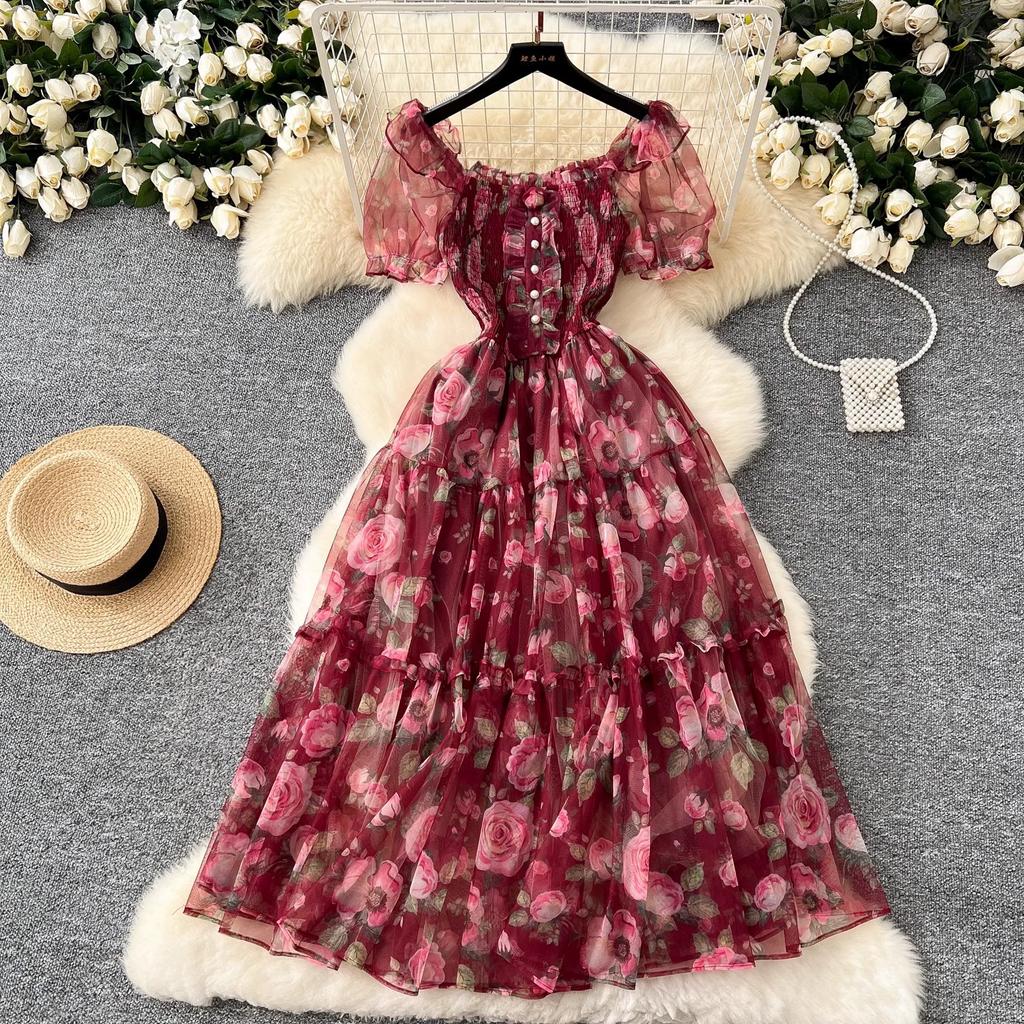 Theepauze Retro Franse Zachte Stijl Bloemen Chiffon Jurk voor Dames met Een Ingesnoerde Taille en Een Pofmouw met Eén Schouder Mesh Rok
