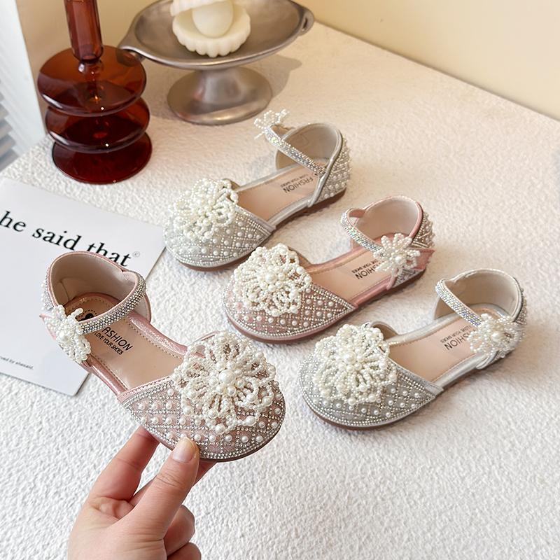 Kids Half Sandals Pearls Sweet Flowers Girls Princess Shoes Soft Sole Non-slip 2025 Summer New Children Dance Shoes Ins Trendy
