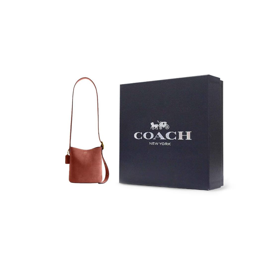 Coach Bleecker 12 Letter Print Gold Hardware Suede Bucket Bag Crossbody Shoulder Bag Mini Women bags Brown Red CCW84-B4AY