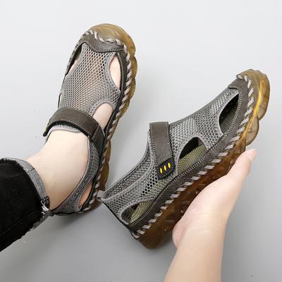 Men Outdoor Hiking Sandals Black Leather Closed Toe Grey Beach Shoes Wide Handmade Sandals Large Size for Father