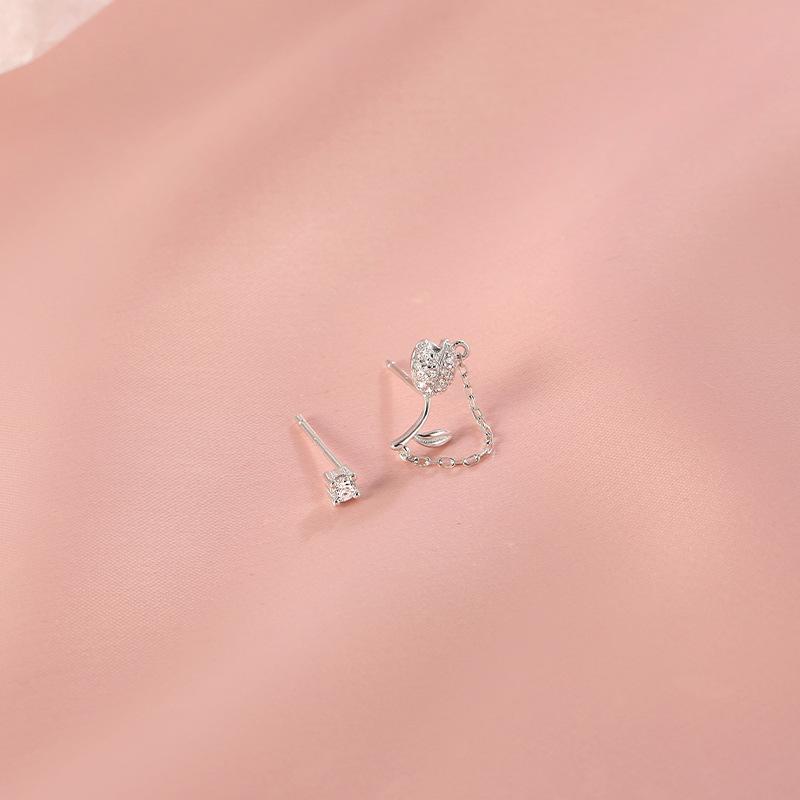 S925 silver-plated earrings New niche design advanced sense of light luxury full diamond tulip irregular chain zircon earrings