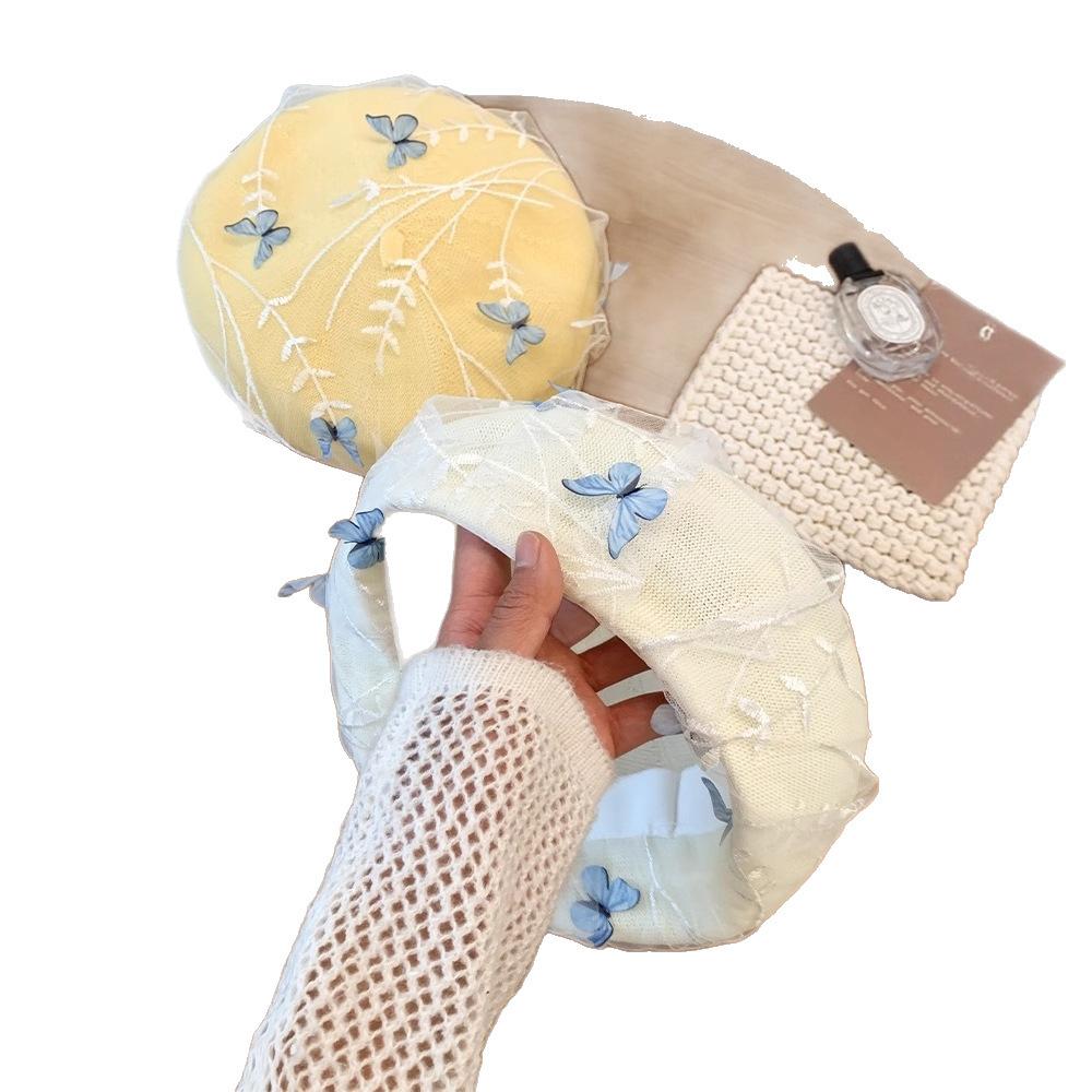 Three-dimensional hat mesh, sweet and cute butterfly beret, children's summer thin knitted face painter hat