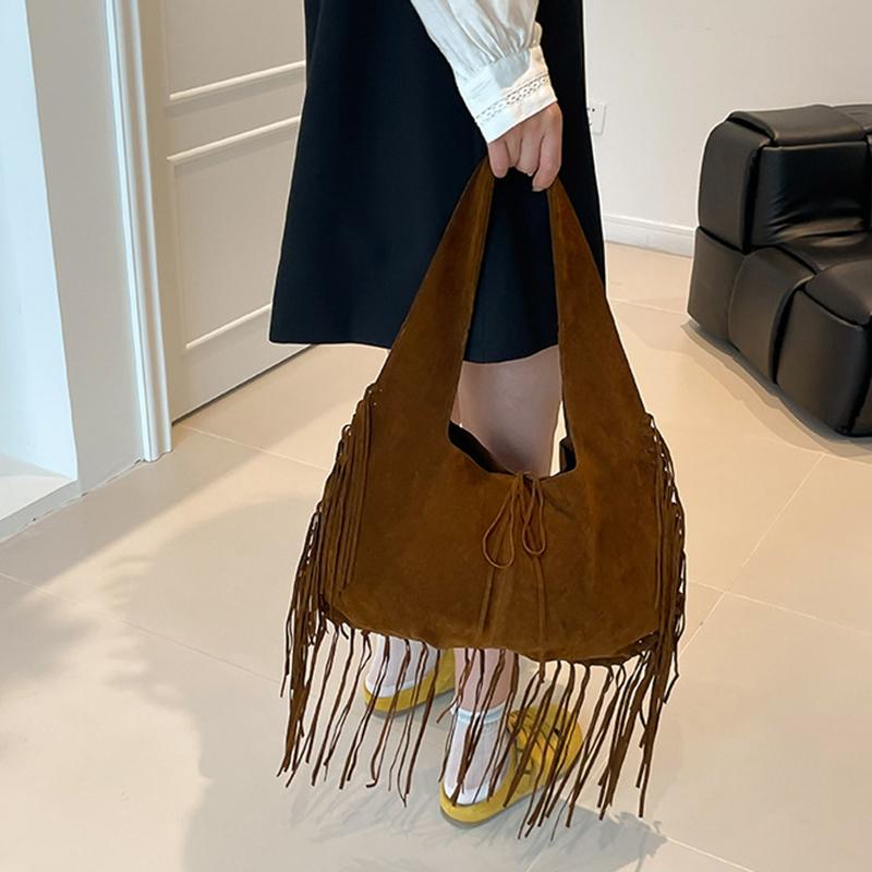 Boho Chic Kordový Střapec Dámská Taška přes Rameno Podzim Velkokapacitní Ručně Vyráběná Jednobarevná Hobo Tote Taška