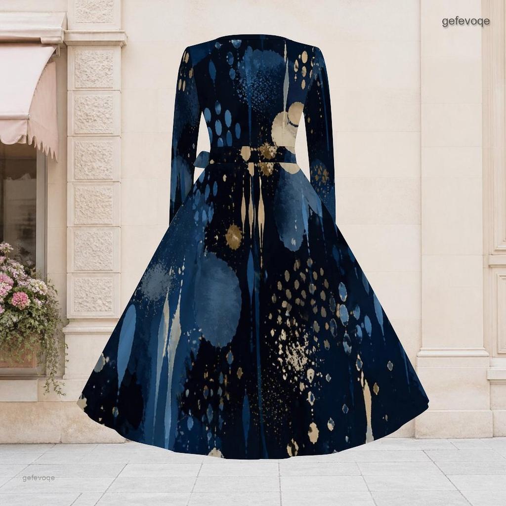 Women Plus Size V Neck Long Sleeve Green Yellow Printed A Line Midi Dress With Belt