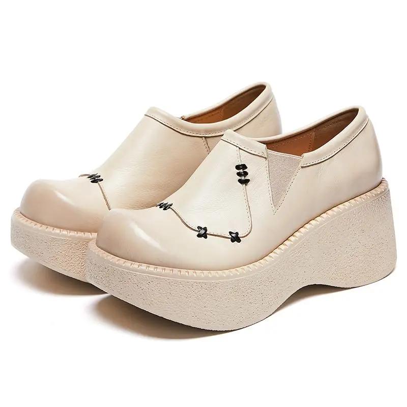 Fashion 6.5CM Handmade Wedges Heel Shoes Women Wide Head Design Genuine Leather Slip On Loafers Comfort Versatile Casual Lady Shoes