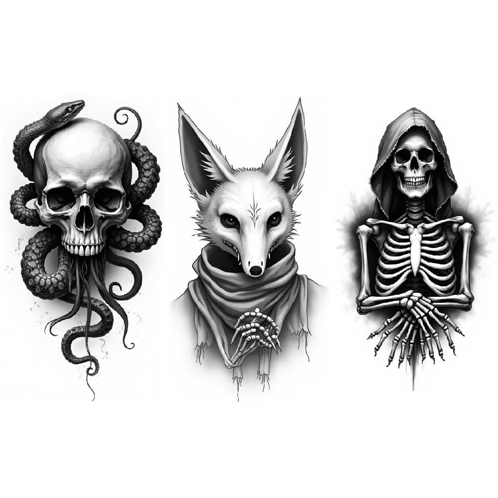 3pcs Temporary Tattoo Black And Grey Realism Eye Ornament Grim Reaper Dagger With Skulls For Thighs Women Arms