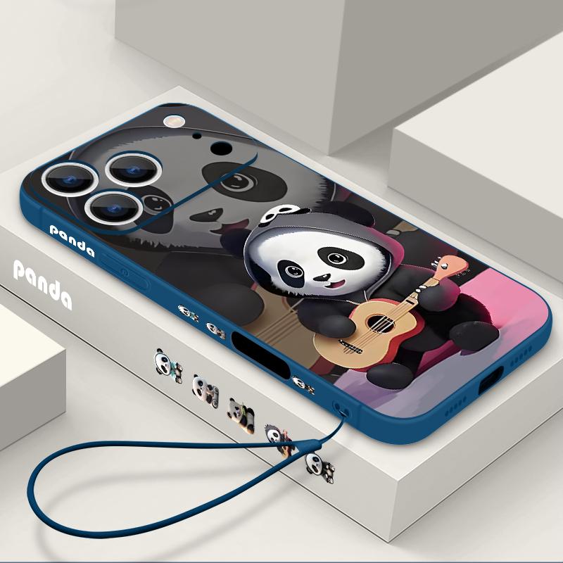 Guitar-playing Panda Lanyard Case For iPhone 17 Pro Max Soft Silicone Cover For iPhone 16 Pro Max Funda iPhone 15 14 13 12 11 16E Air
