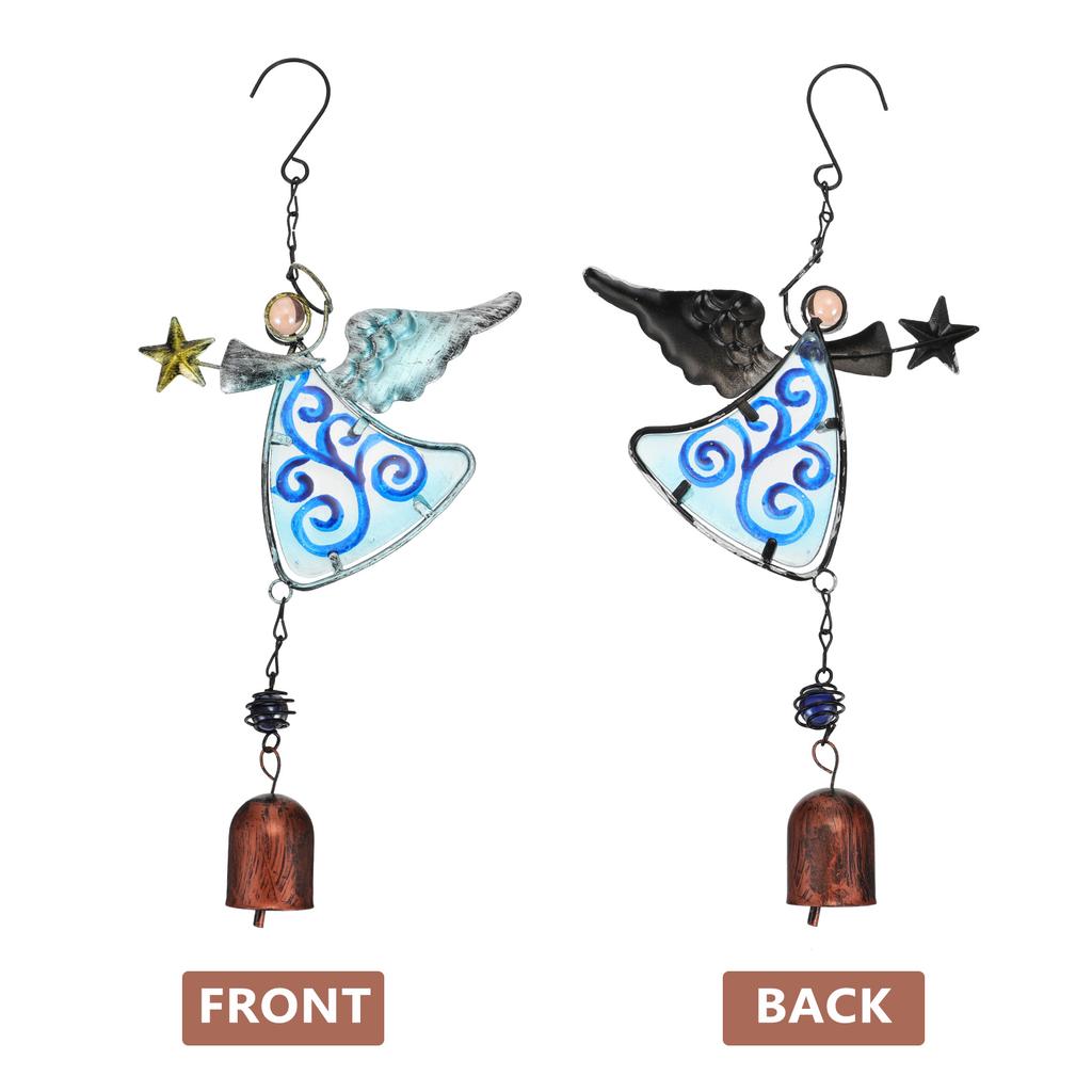 Garden Glass Painted Ornaments Wind Chimes Hanging Yard Decorations Solar Light Charming Blue Iron and Outdoor