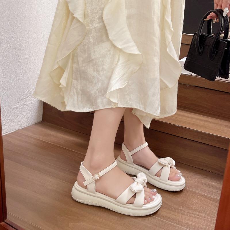 Summer New Sandals Women's Round Head Open Toe Butterfly Knot Soft Soled Platform Flat Shoes