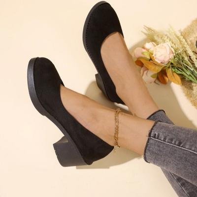 Vysoko kvalitné jarné a jesenné dámske topánky Módne okrúhla špička Nízky strih Stredný podpätok Semišové Slip-on Dámske lodičky