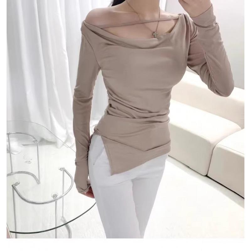 Korean Dongdaemun 2024 Women's Sexy One-Shoulder Slit Slim T-Shirt, Long-Sleeved & Feminine