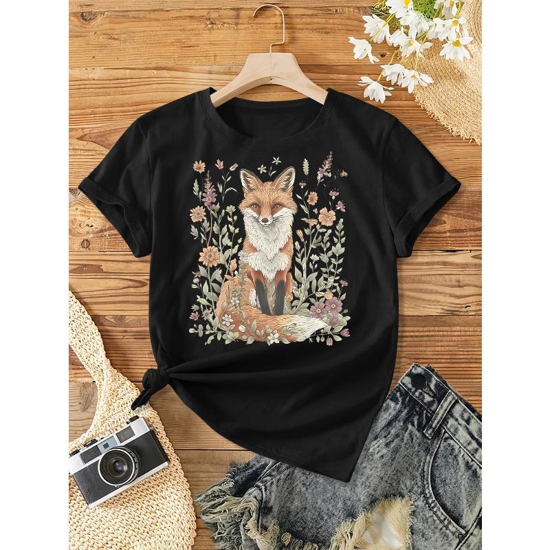 

Європейський розмір Жіноча літня футболка в богемному стилі, з коротким рукавом, квітковим принтом лисиці, круглим вирізом. Підходить для весни, літа та осені. 4XL чорний
