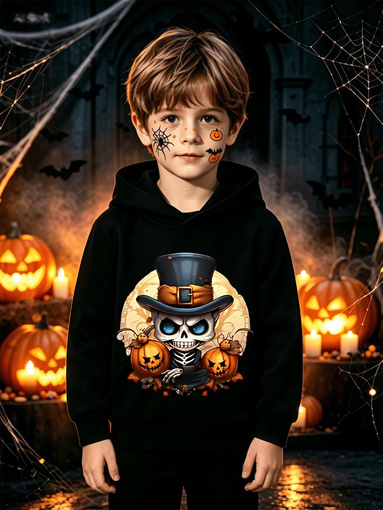Halloween Hooded Sweatshirt for Kids – Soft, Loose-Fit Pullover with Skull and Pumpkin Print – Casual Holiday Party Top for Boys and Girls