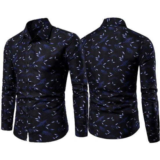 Camisa Casual para Mujer con Cuello Vuelto, Manga Larga, Estampado de Hojas, Botones, Corte Slim, Talla Grande
