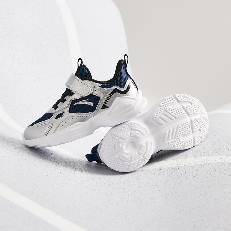 Anta Kids Synthetic Leather Fabric Trendy Versatile Lightweight Shock Absorbing Low Top Running Shoes Kids sneaker Sea-Blue Silver A12449977-1