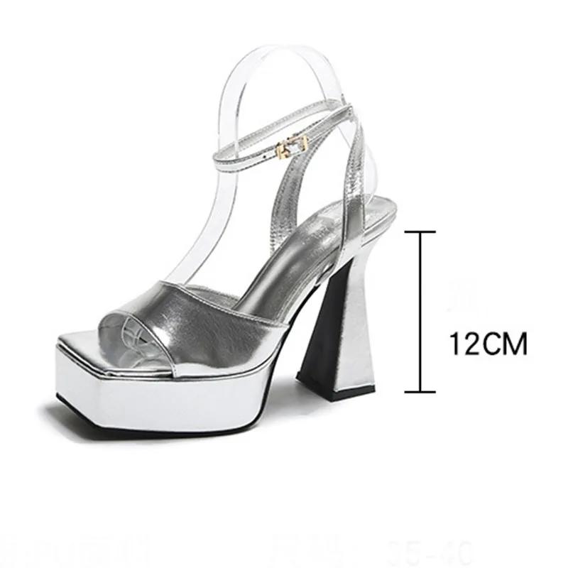 Fashion Women's Heeled Shoes Silver French Style High-heeled Sandals Shoes for Women Summer New Shallow Mouth Square Toe Sandalias Mujer