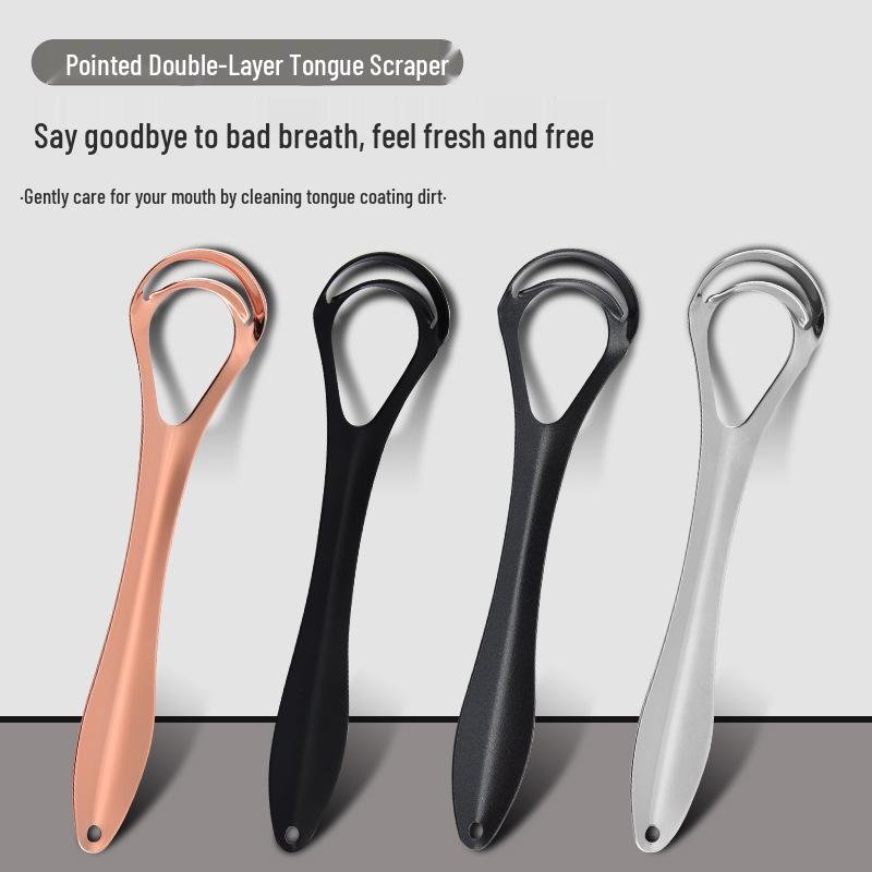 Stainless Steel Double-Layer Tongue Scraper for Adults - Relieves Bad Breath & Deep Cleans