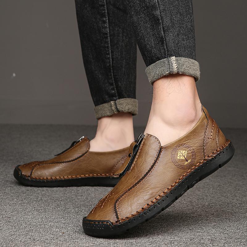 Fashion Spring 2025 Men's New Comfortable Side Zipper Casual Leather Shoes Fashion Men's Round Head Hand Sewn Breathable Sleeve Shoes