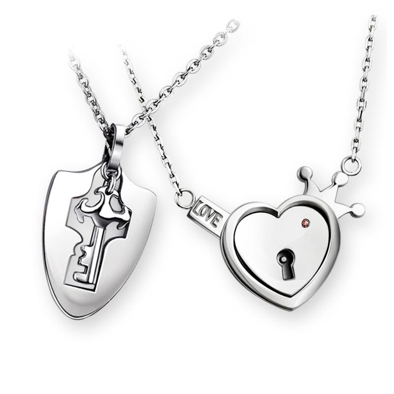 Valentine s Day Stainless Steel Heart & Key Couple Necklace Set