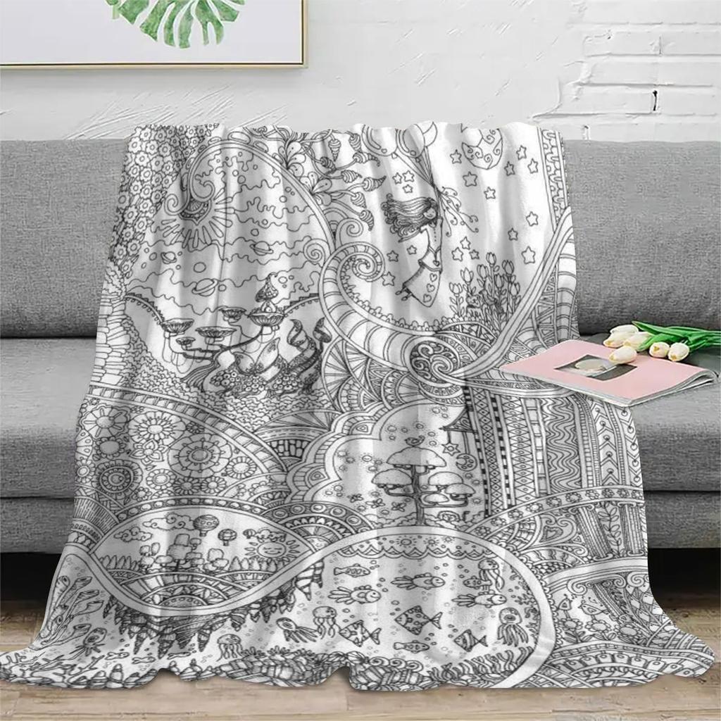Hand Drawn Fantasy Dream Theme Flannel Blanket, Abstract Art Pattern Soft Warm for Living Room Bedroom Sofa Nap, Air Conditioner