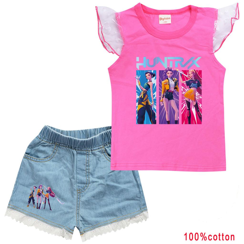 

Детский Девочки Аниме Мультфильм Суперзвезда Руми Зои Мира ПОП Певица Принт Сетка Футболка с короткими рукавами Джинсовые шорты Комплект одежды 160cm розы красного