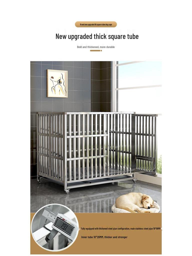 Stainless Steel Medium Folding Dog Cage with Toilet for Indoor Use - Suitable for Border Collies, Golden Retrievers, and Medium-Large Dogs.