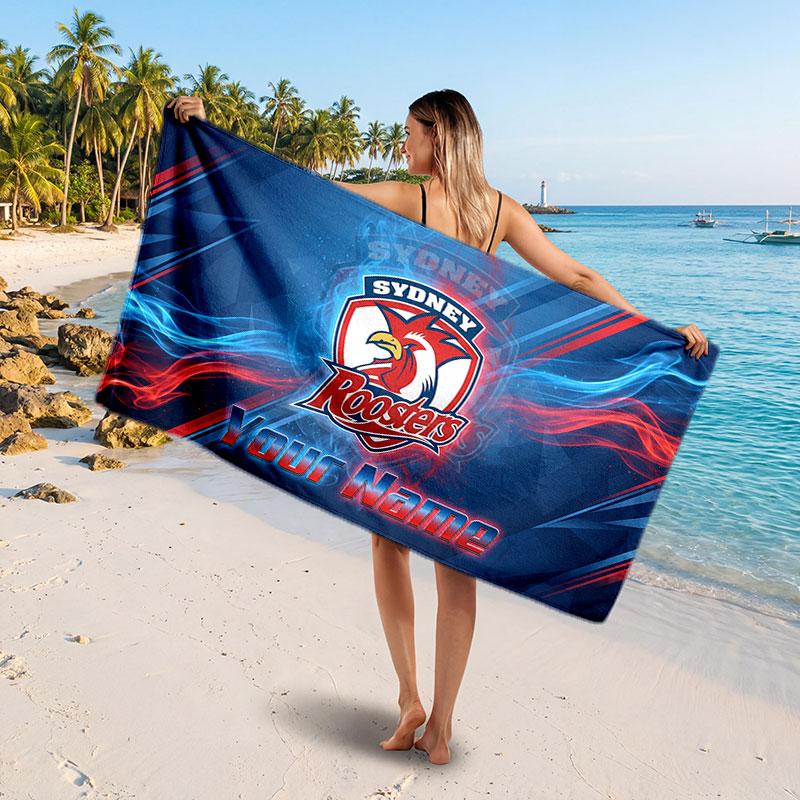 Sydney Roosters Customized Name Text Beach Towel, Soft Absorbent Towel Beach Pool Travel Personal Gift