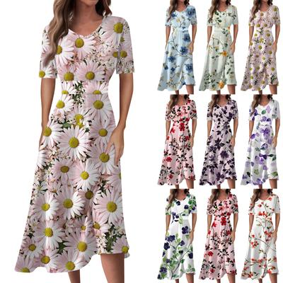 Κυρίες Casual Μόδα Ντεγκραντέ Μοτίβο V-Λαιμόκοψη Κοντομάνικο Μέση Μακρύ Φόρεμα με Κίνηση